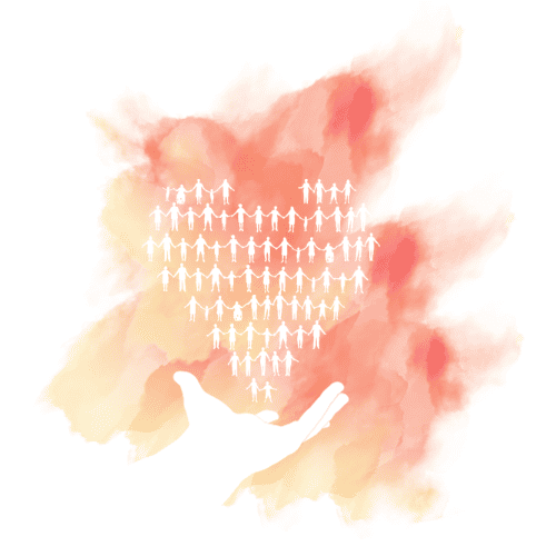 Outstretched hand cradles people in a heart shape holding hands.