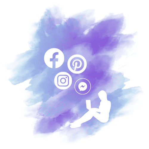 Silhouette of woman sitting on the ground with laptop open and social icons floating in the air.